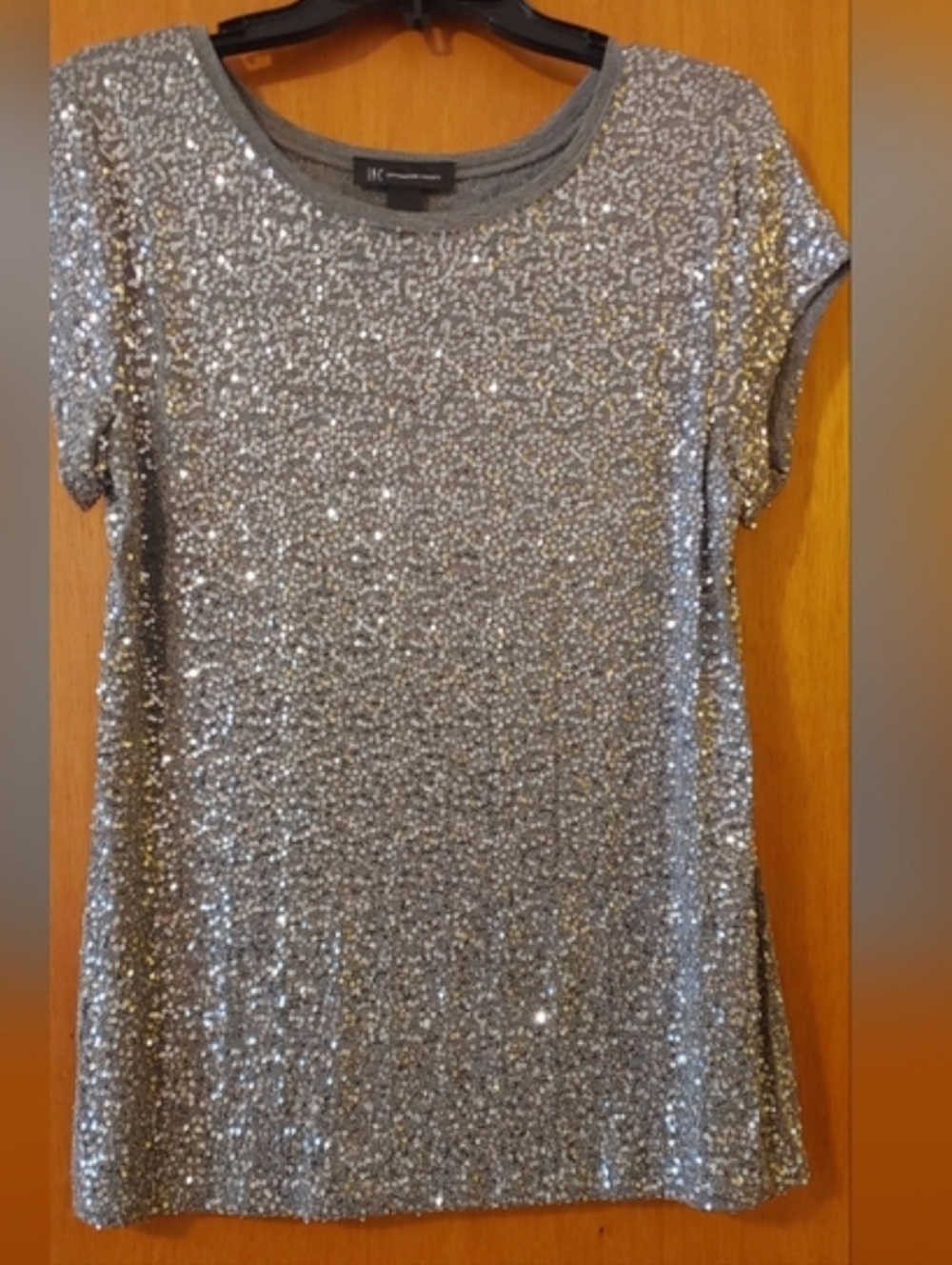 INC International Concepts Silver Sequin Short Sleeve Top